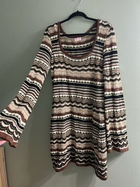 Pink Lily crochet striped bell sleeve dress with slip